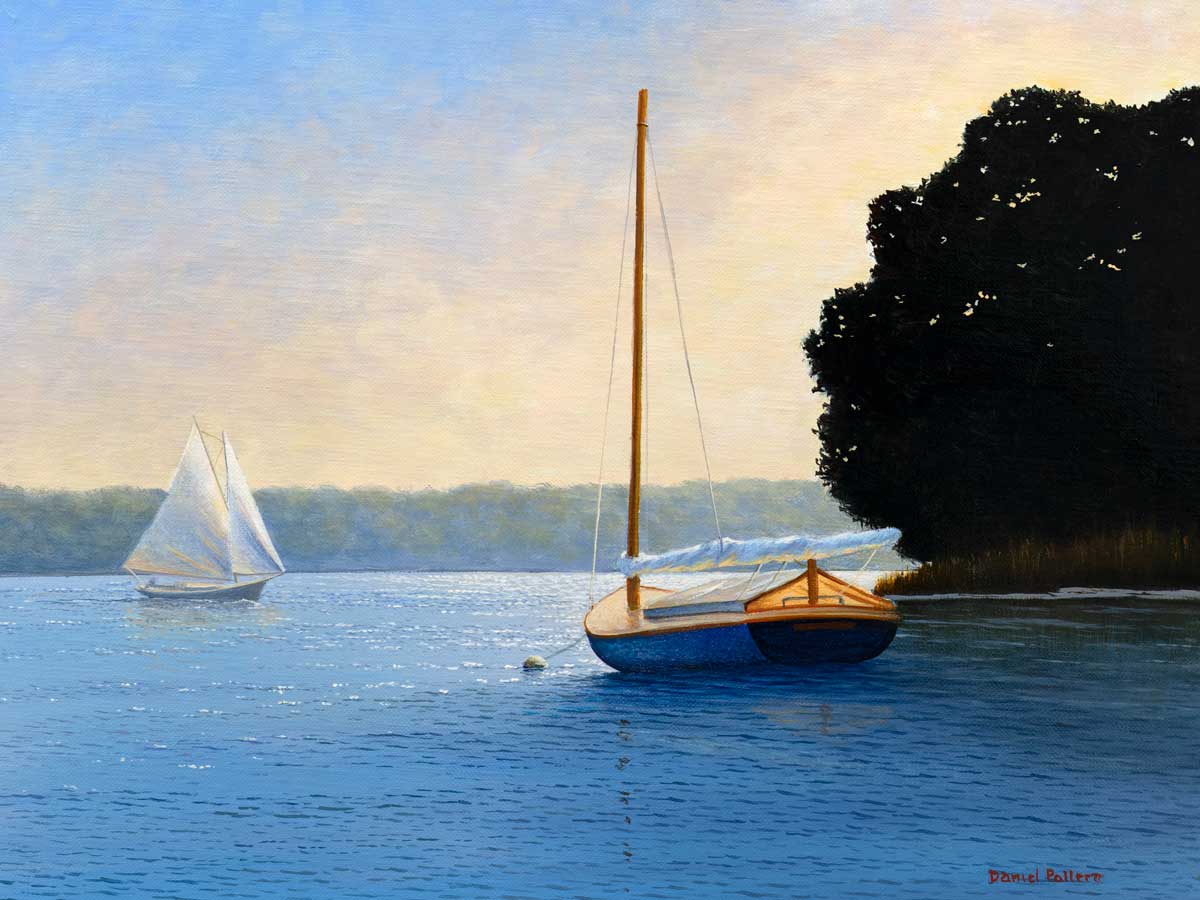 A blue, beige and black contemporary seascape print with two sailboats by Daniel Pollera.