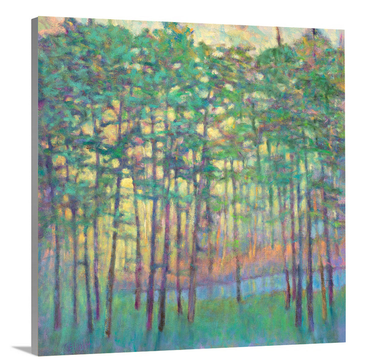 A side-angle view of a green, yellow, orange and blue abstract tree landscape print on canvas.