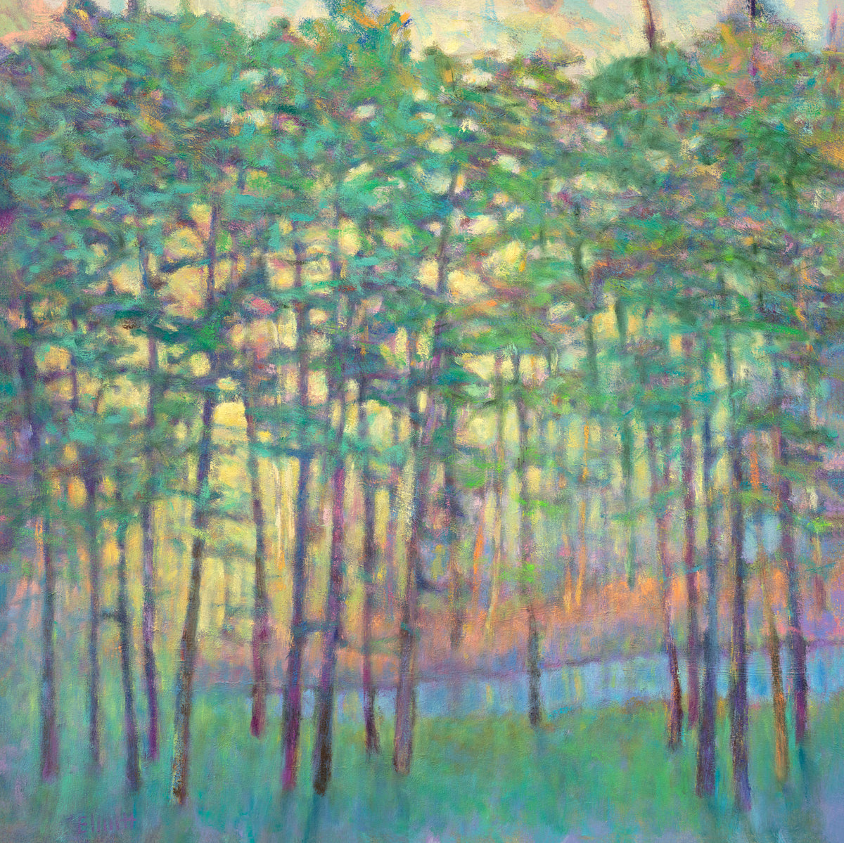 A green, yellow, orange and blue abstract tree landscape print by Ken Elliott.
