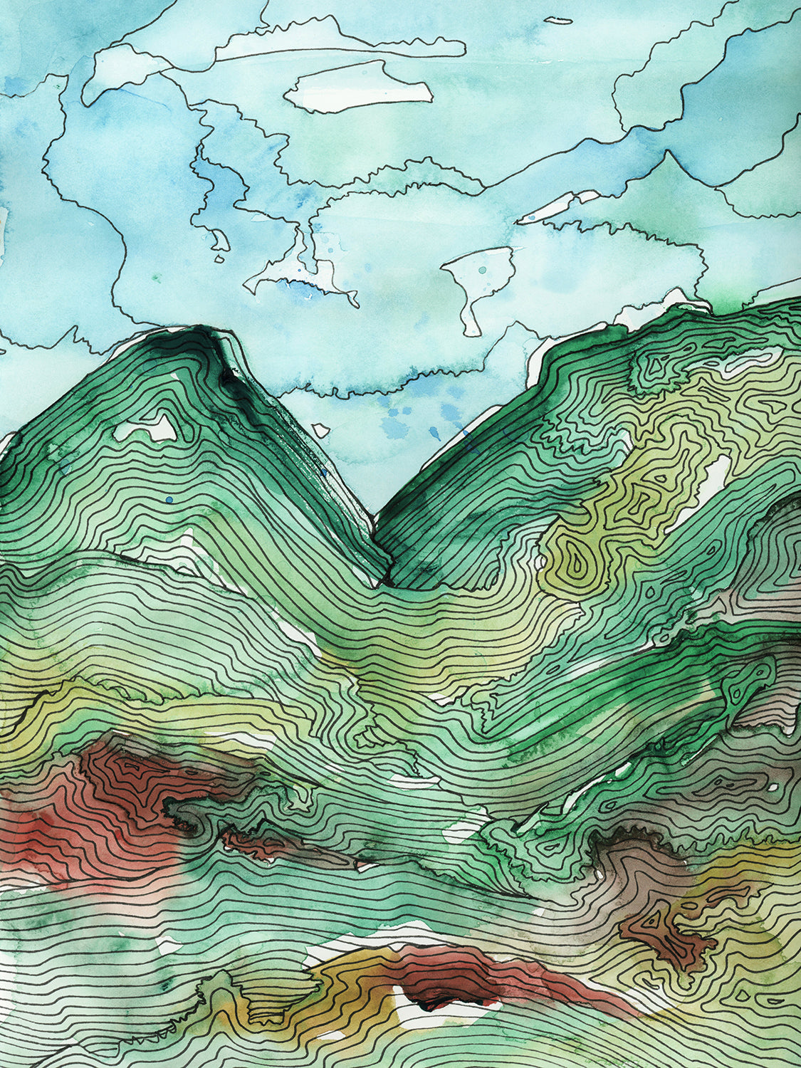 A blue, green and black abstract landscape print by Melissa Kircher.