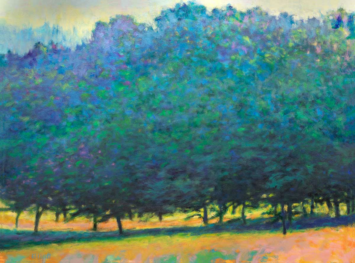 A green, orange and teal abstract tree landscape print by Ken Elliott.