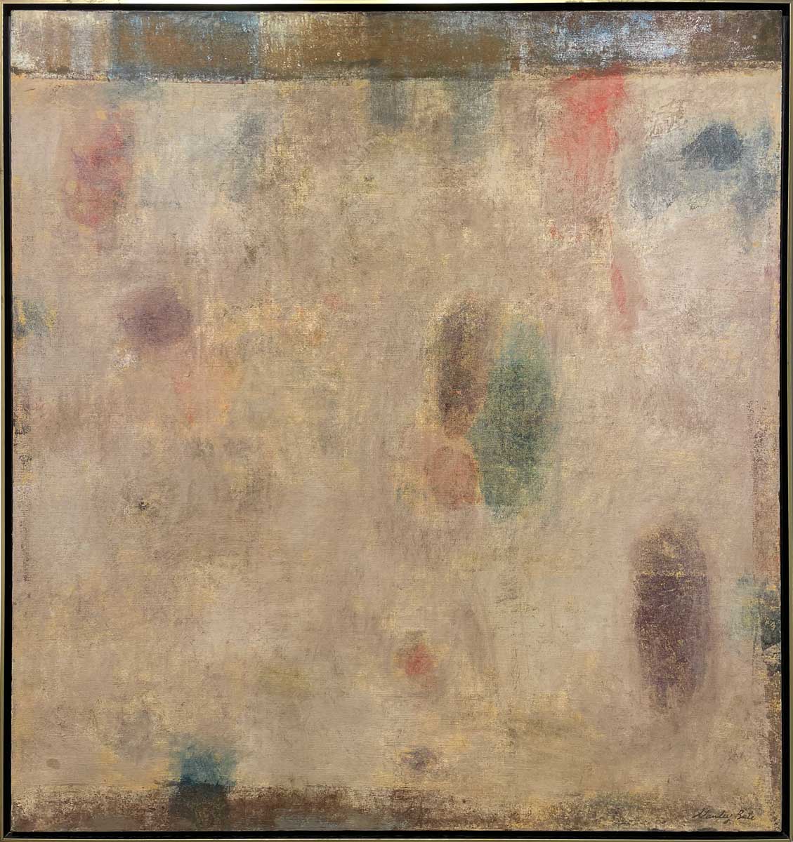 A beige painting with green, blue and purple accents in a warm gold floater frame.