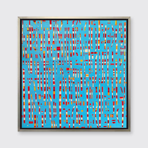 A blue, red, yellow and white abstract print in a silver floater frame hangs on a white wall.