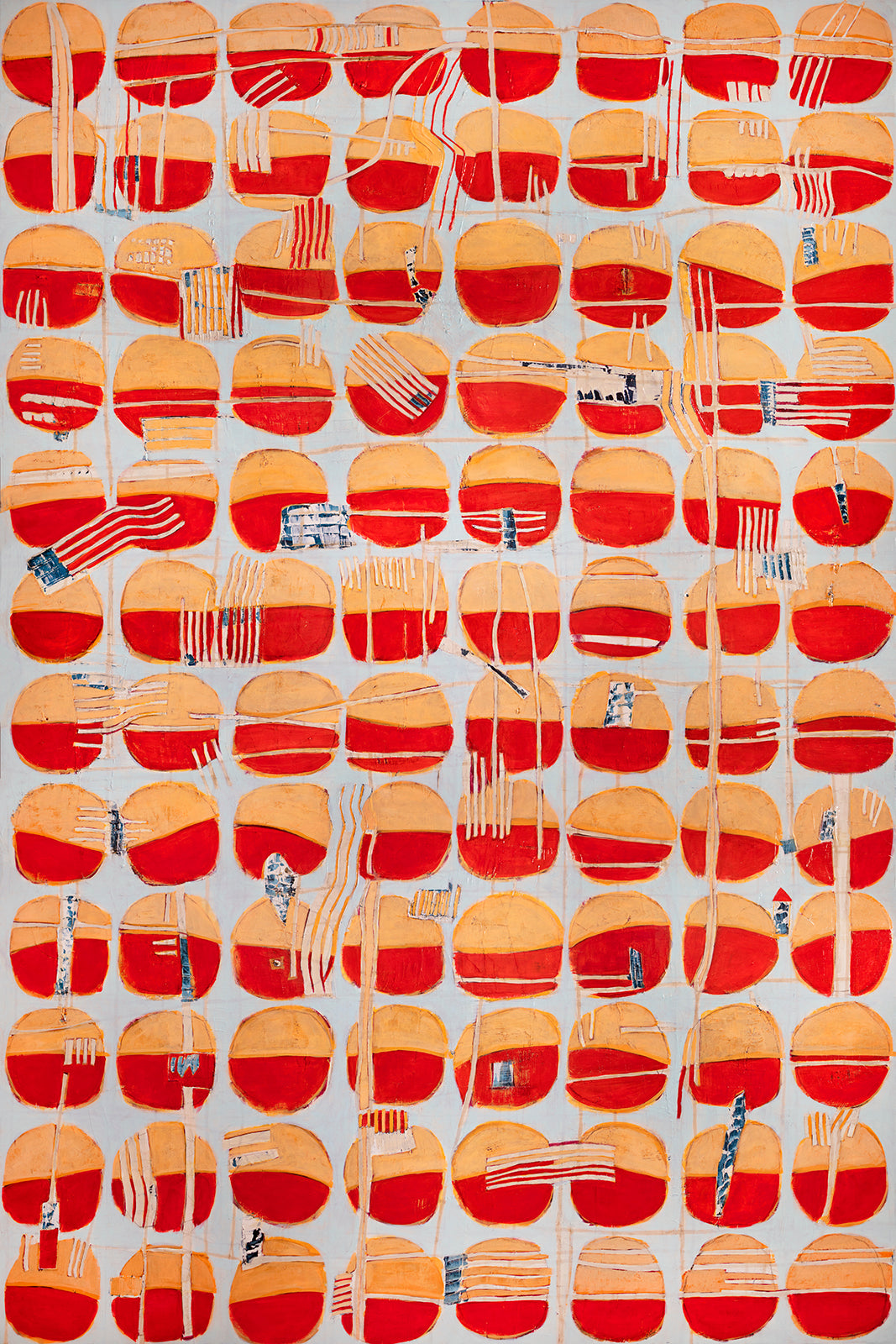 A red, orange and light blue abstract print by Sofie Swann.