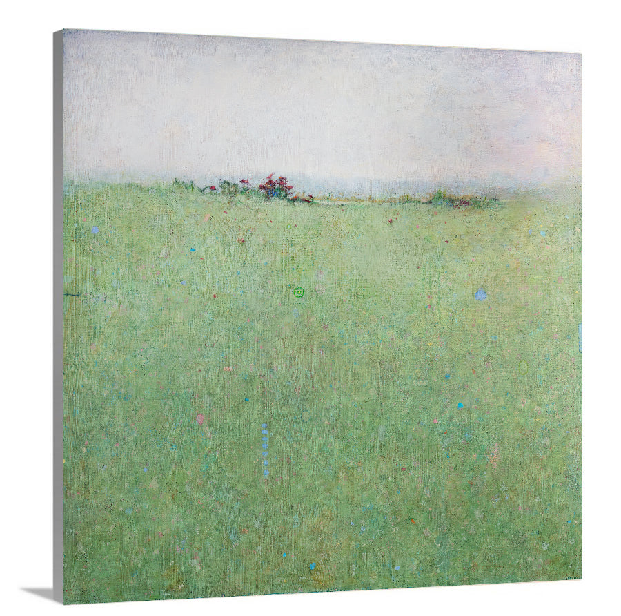 A side-angle view of a green abstract landscape on canvas.