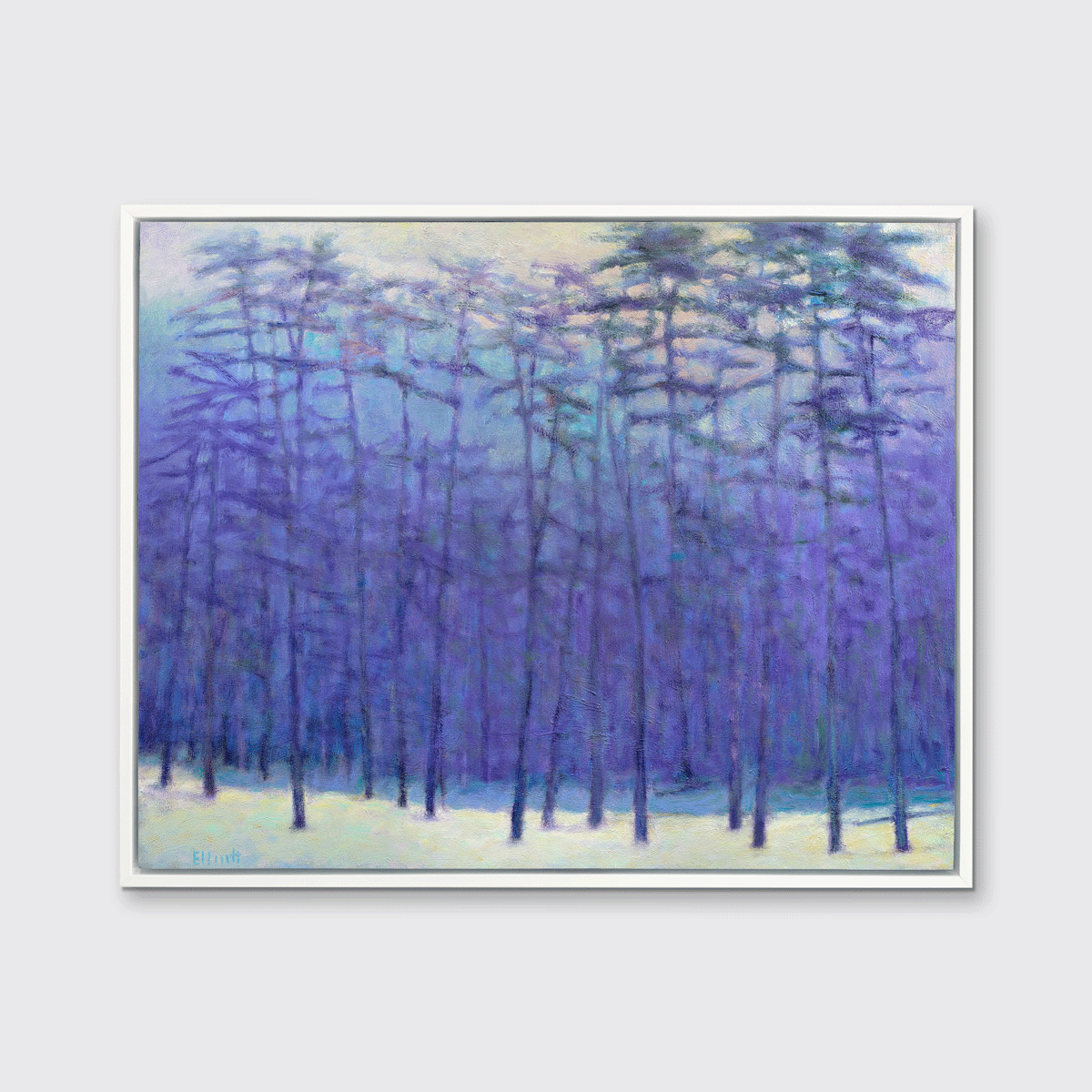 A blue, purple, light pink and soft yellow impressionistic landscape print in a white floater frame hangs on a white wall.