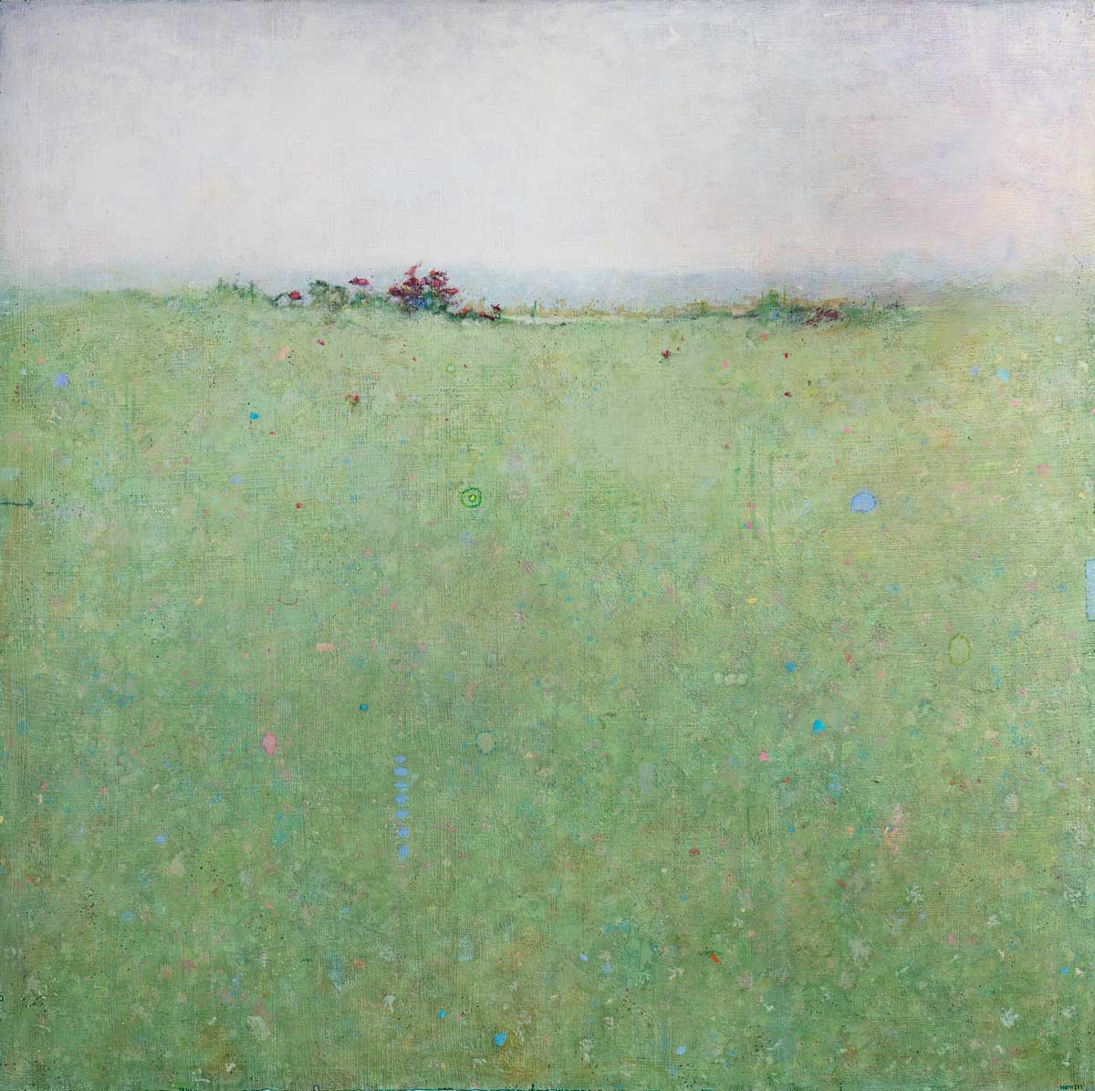 A pale grey and blue sky above a high horizon line to a light green landscape with multicolored accents and shapes.