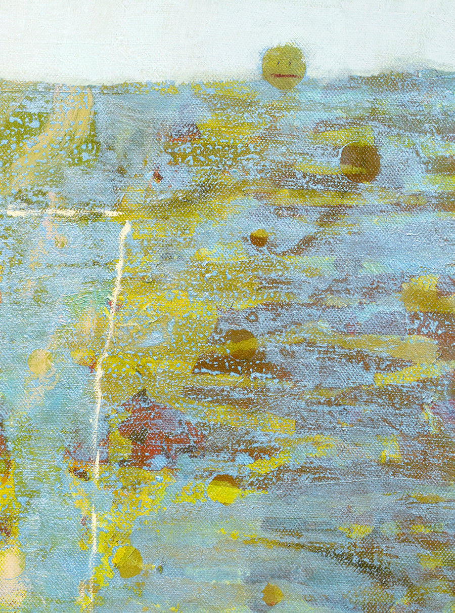 A close up detail of white, blue and dark yellow parts of the painting with red accents.