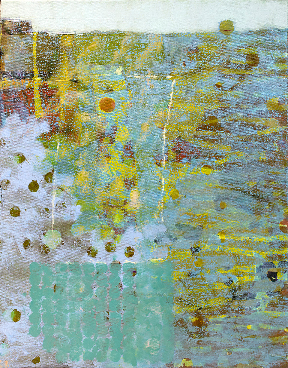 A green, blue and dark yellow abstract painting by Christine Averill-Green.