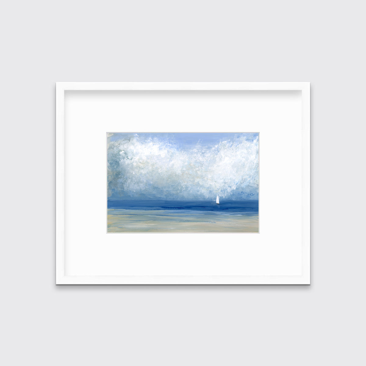 A blue, white and beige abstract seascape print in a white frame with a mat hangs on a white wall.