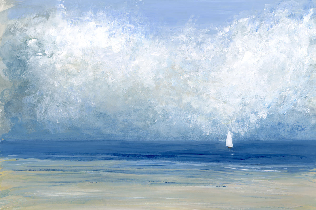 A blue, white and beige abstract seascape print with a white sailboat by S. Cora Aldo.