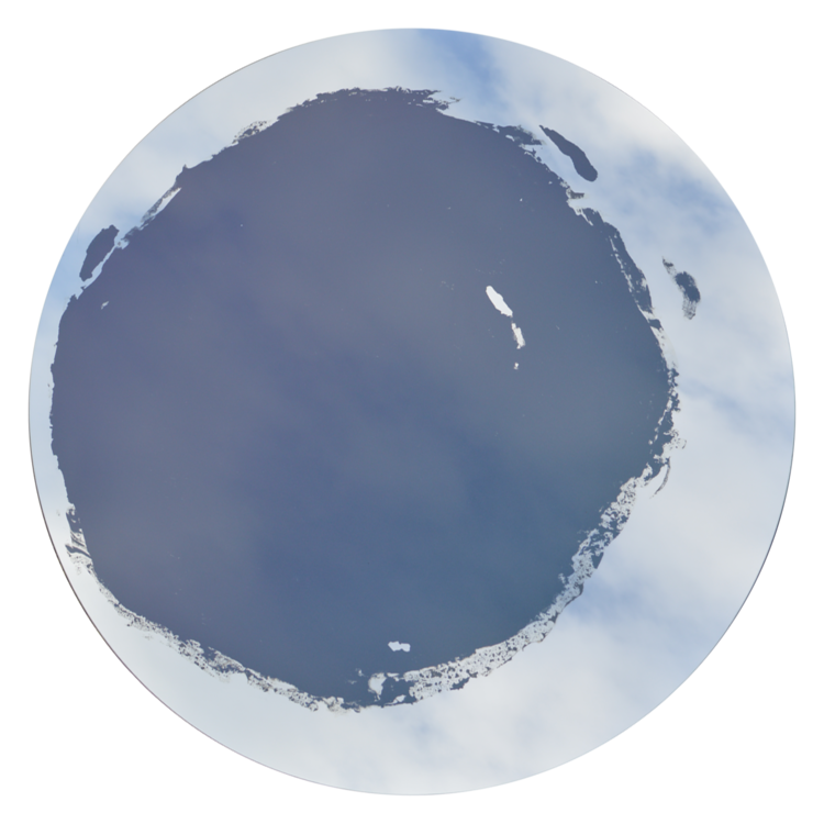 Circular mirror with mixed media painting in the center. Blue tone color appears in this light scenario.