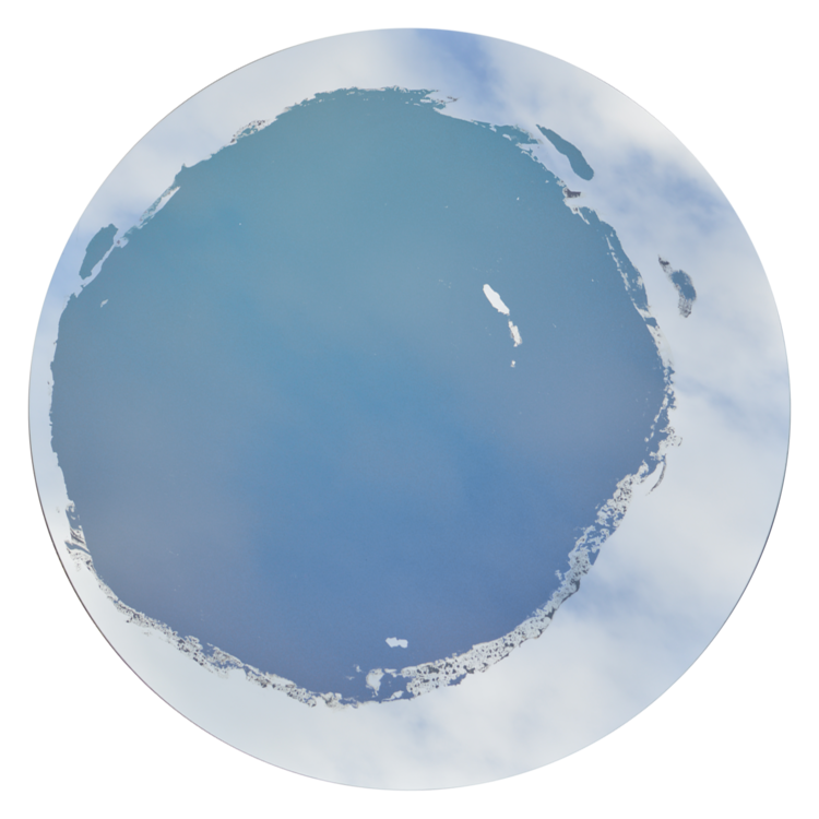 Circular mirror with mixed media painting in center. Blue-green tone appears in this lighting scenario.