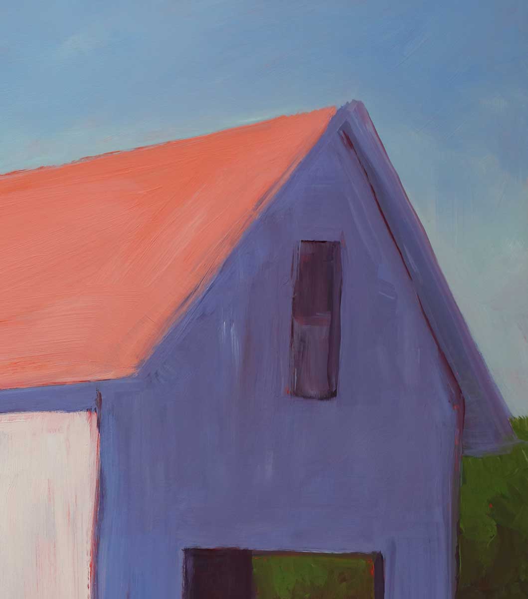 A detail image of a painting of a white barn with a salmon roof in a green field with a pale blue sky background.