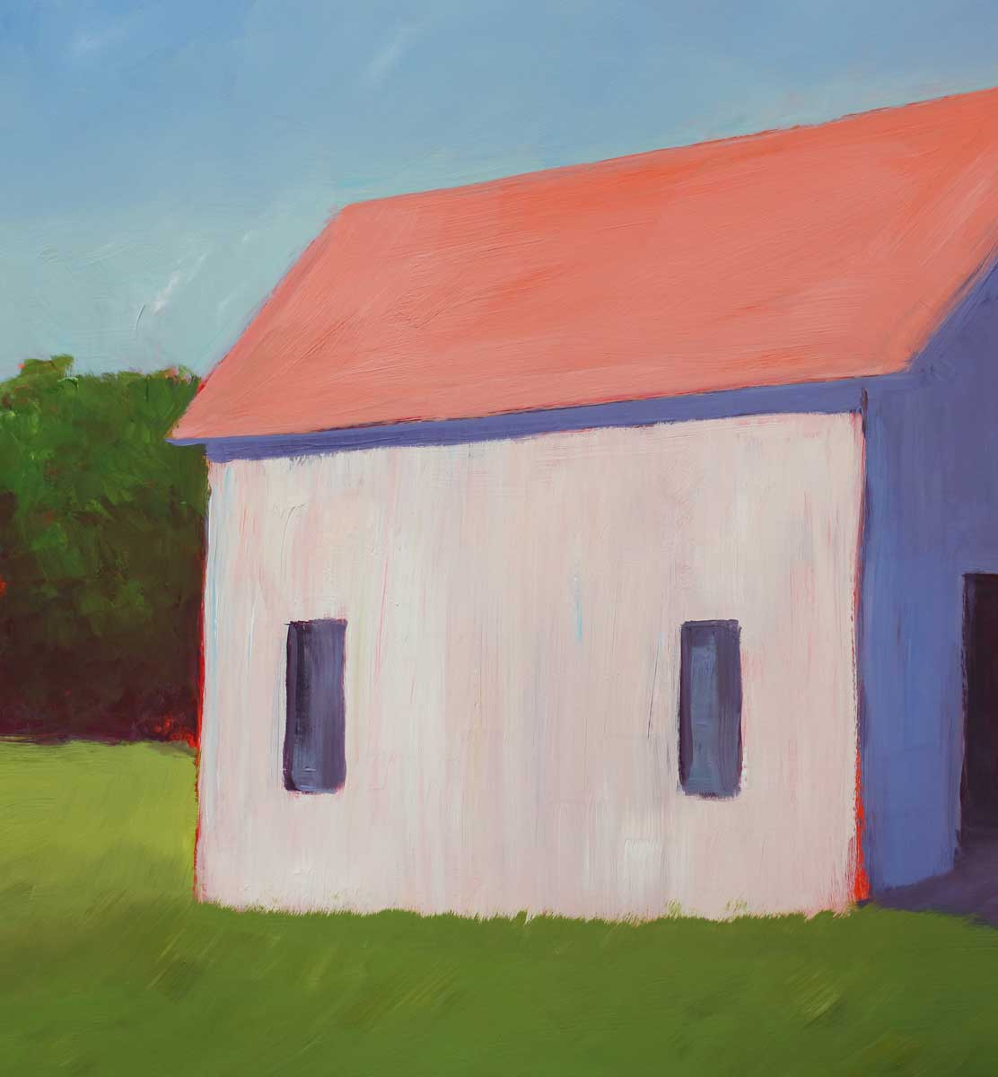 A detail image of a painting of a white barn with a salmon roof in a green field with a pale blue sky background.