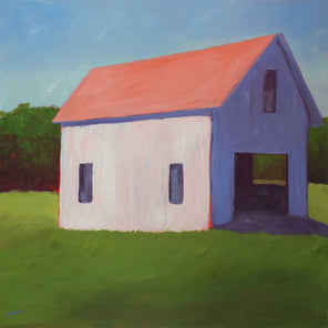 A painting of a white barn with a salmon roof in a green field with a pale blue sky background. 