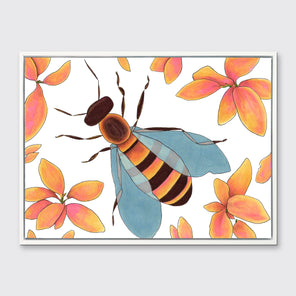 A pink and orange bee illustration print framed in a white frame hangs on a light grey wall.