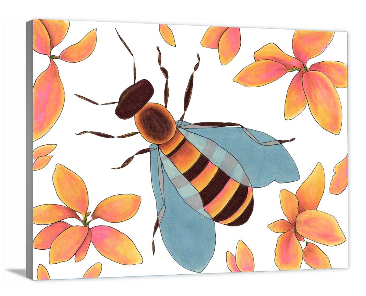 A side-angle view of a brown and orange bee surrounded by orange and pink flowers on canvas.