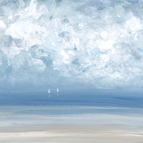 A light blue, white and beige abstract seascape painting with two white sailboats by S. Cora Aldo.