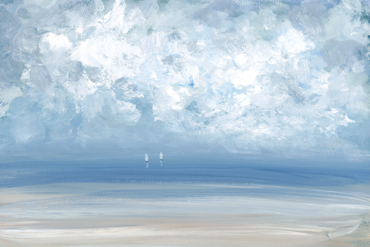 A white, blue and beige abstract seascape print by S. Cora Aldo.