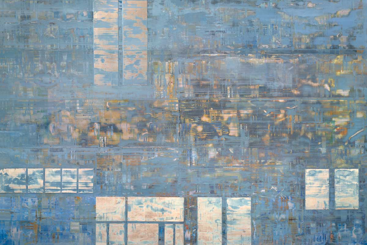 A blue and grey abstract geometric print by Ned Martin.
