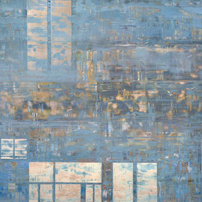 Mixed media abstract painting with small panels of aluminum applied to the surface of the painting with a blue wash on top. 