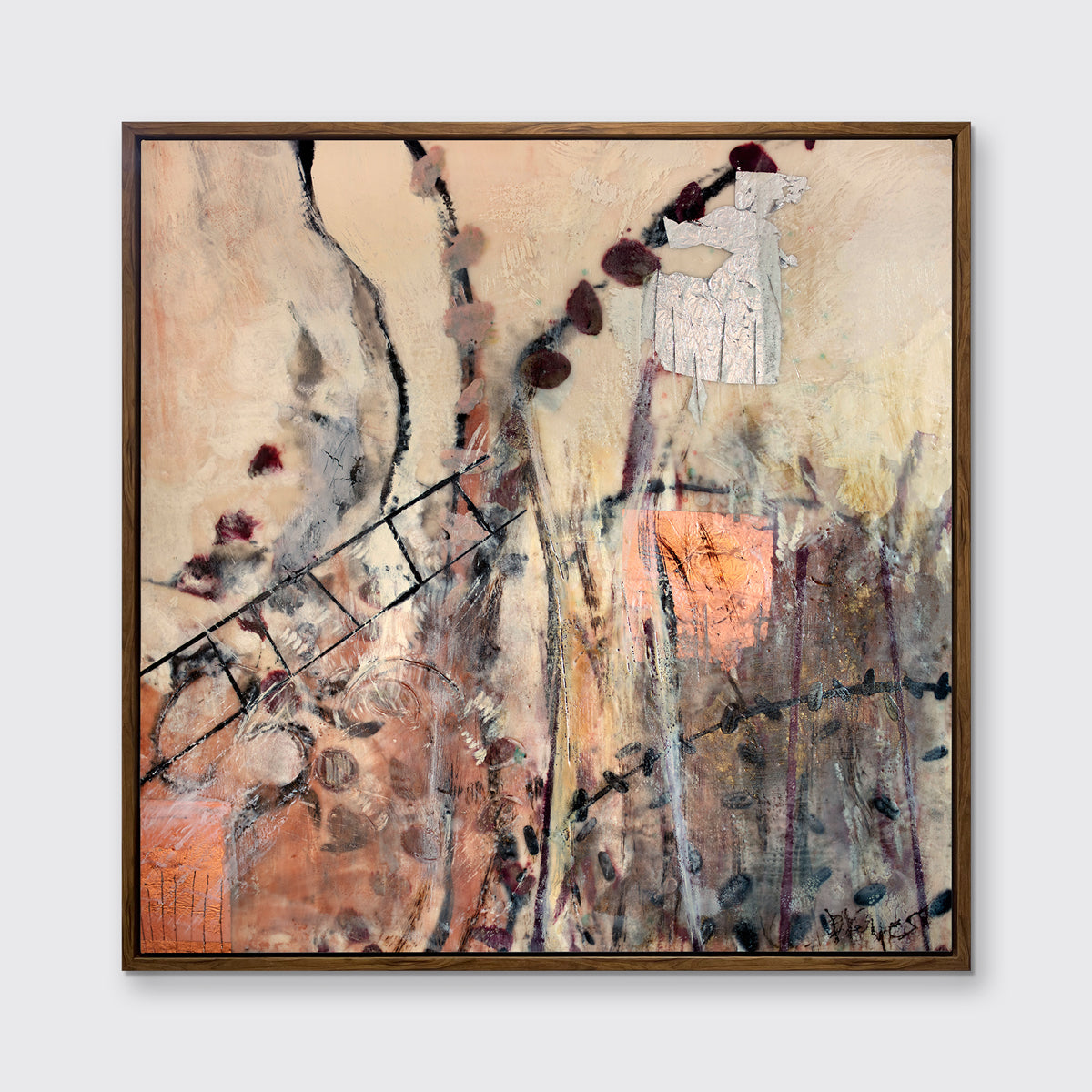 A beige, copper, brown, gold and silver abstract print in an oak wood floater frame hangs on a white wall.