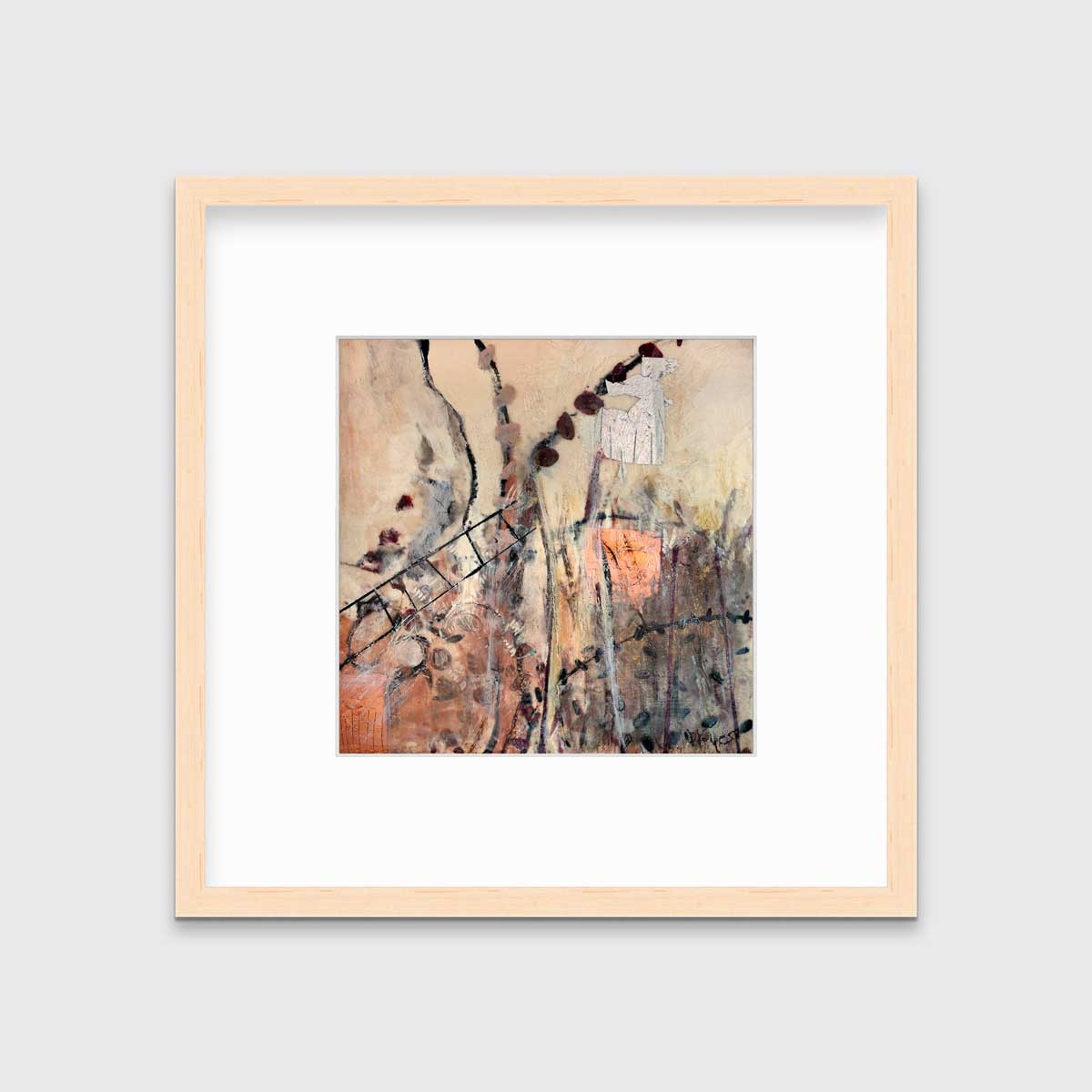 A brown, beige, gold and copper abstract print in a natural wood frame with a mat hangs on a white wall.