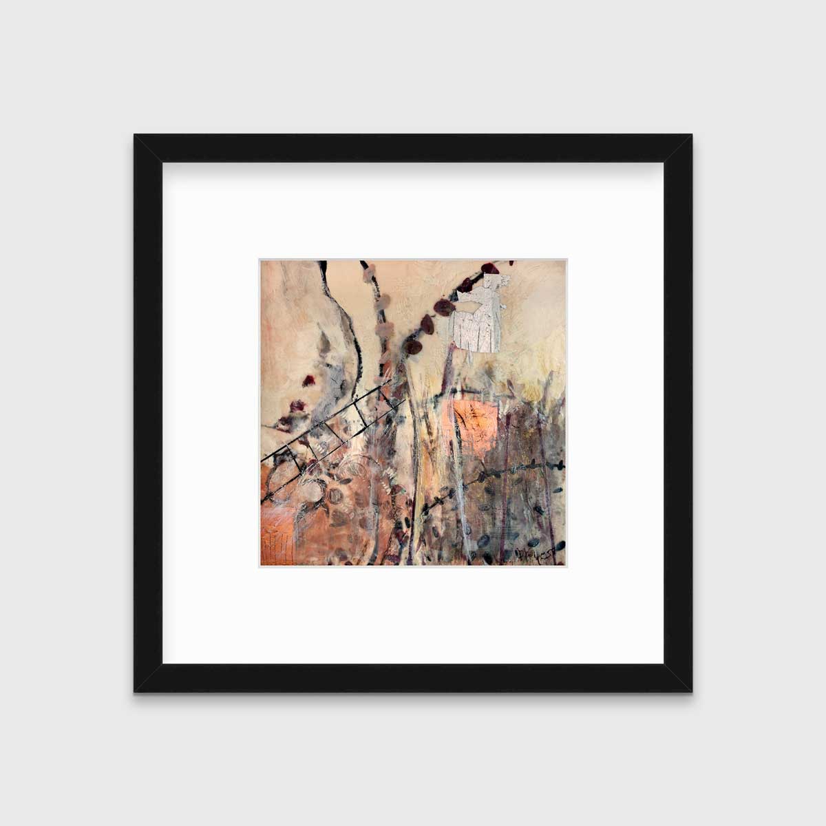 A brown, beige, gold and copper abstract print in a silver frame with a mat hangs on a white wall.