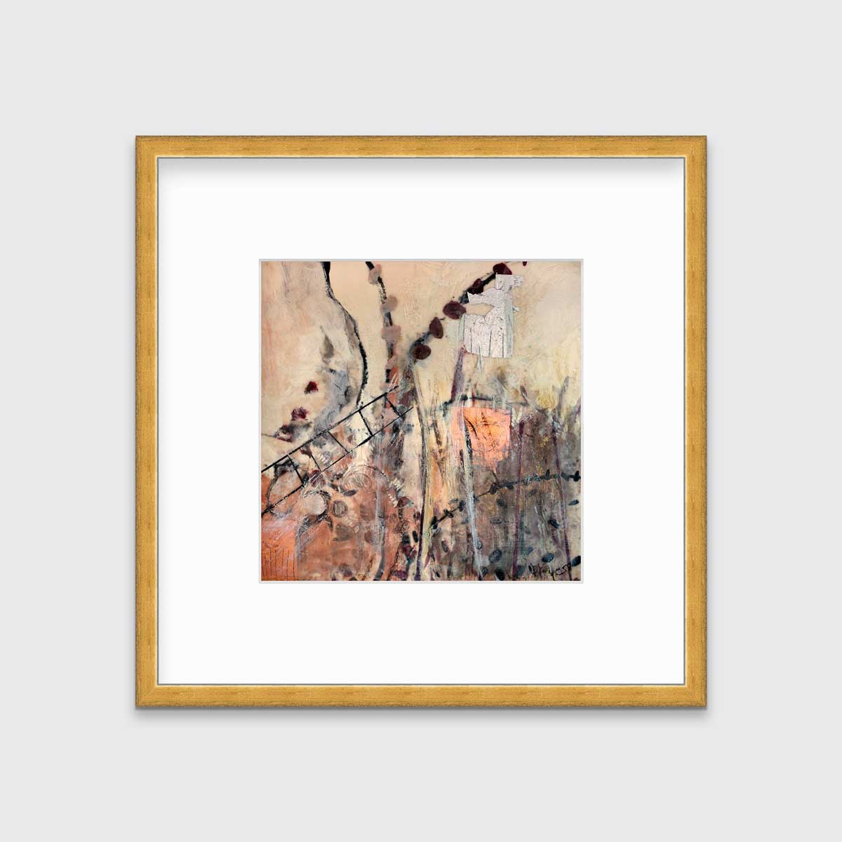 A brown, beige, gold and copper abstract print in a gold frame with a mat hangs on a white wall.