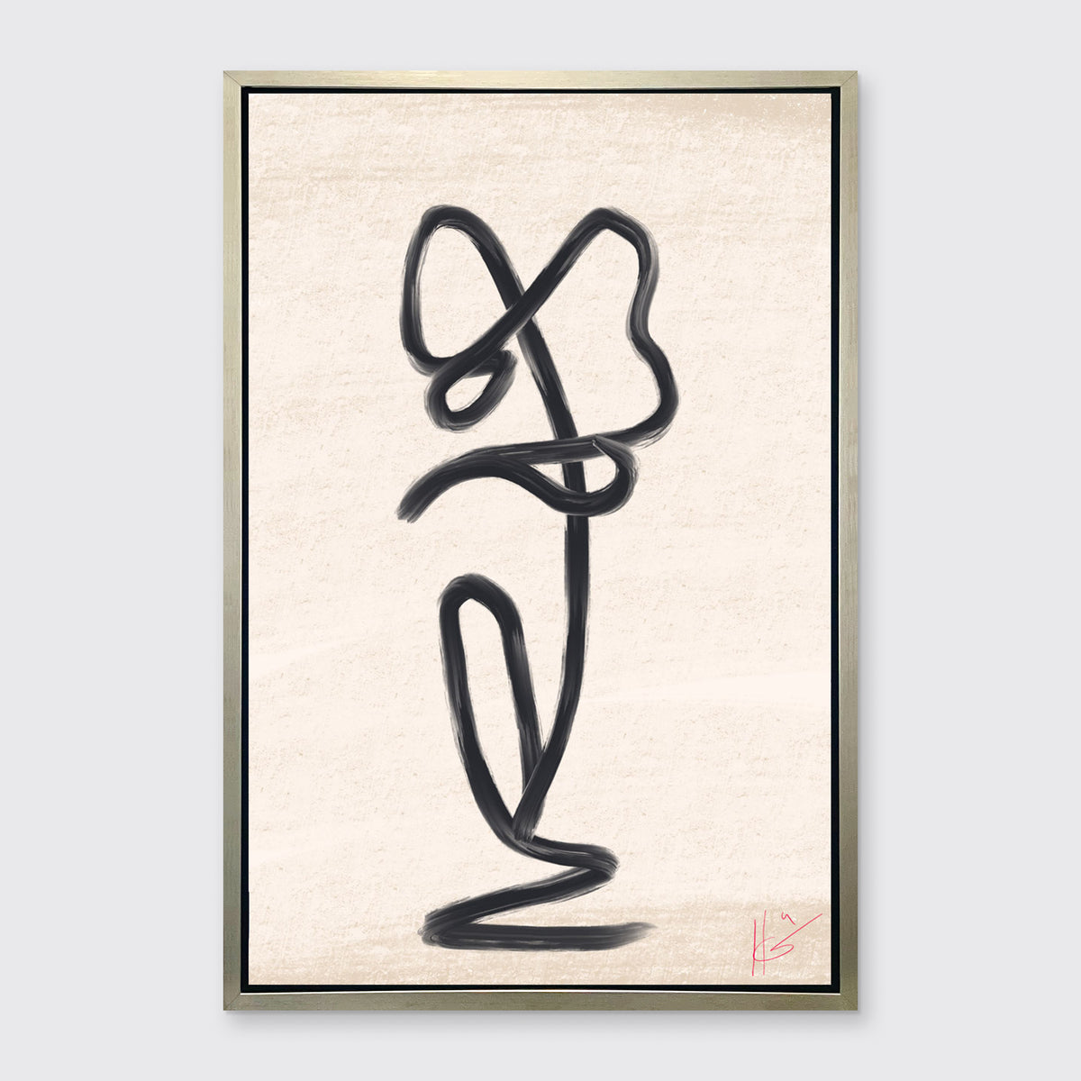 A black abstract minimalistic print hangs in a warm silver floater frame on a light grey wall.