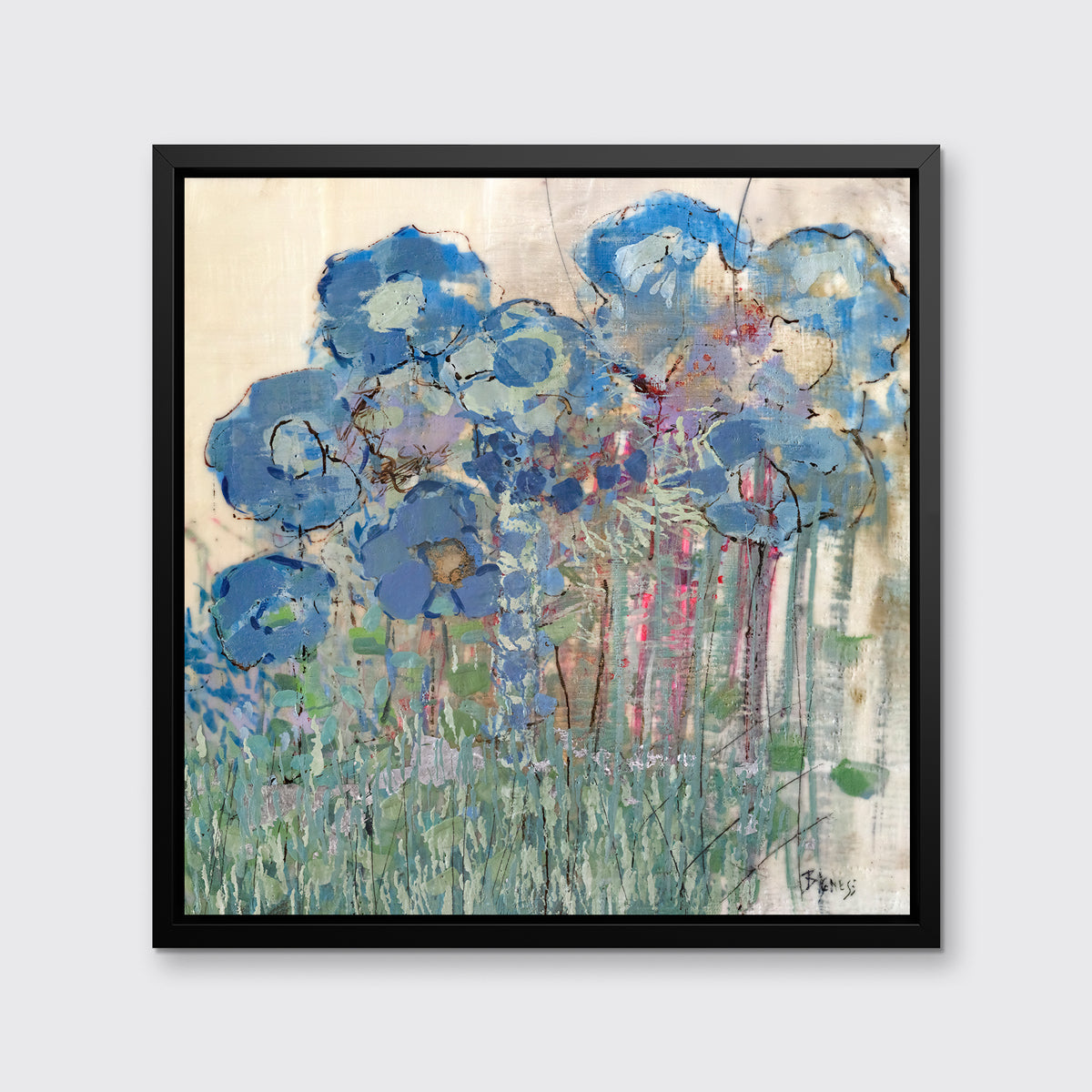 A blue and green abstract floral print in a black floater frame hangs on a white wall.