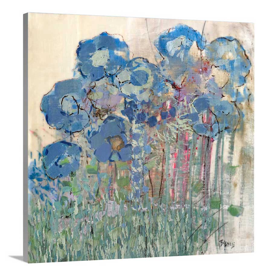A side-angle view of a blue and green abstract floral print on canvas.