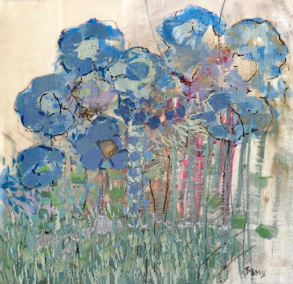 A blue and green abstracted floral print by Linda Bigness.