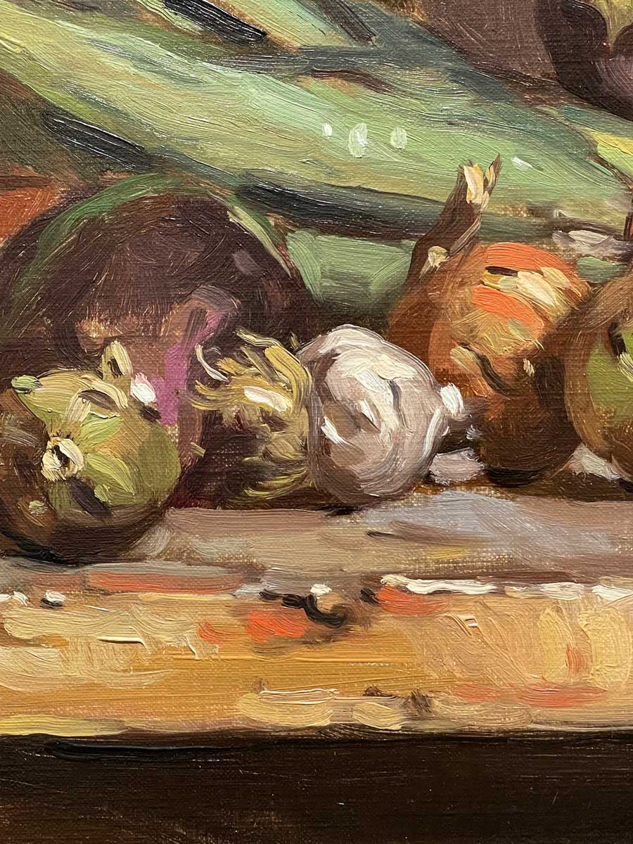 Detailed, close up of the vegetables on the table in the hyperrealist painting.