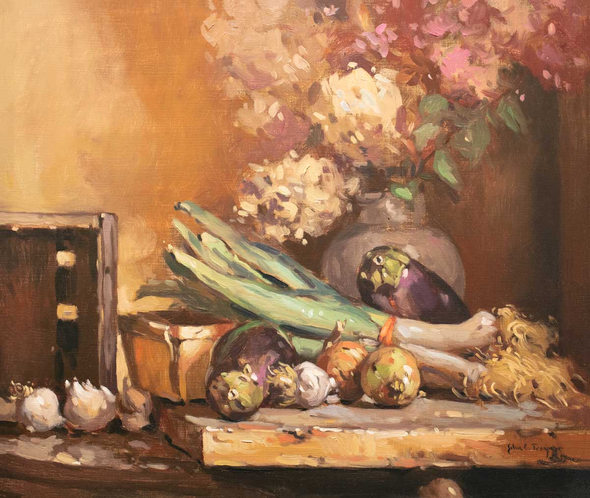 Hyperrealist painting of hydrangeas and vegetables on the table.