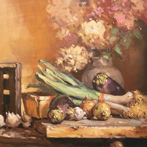 Hyperrealist painting of hydrangeas and vegetables on the table.