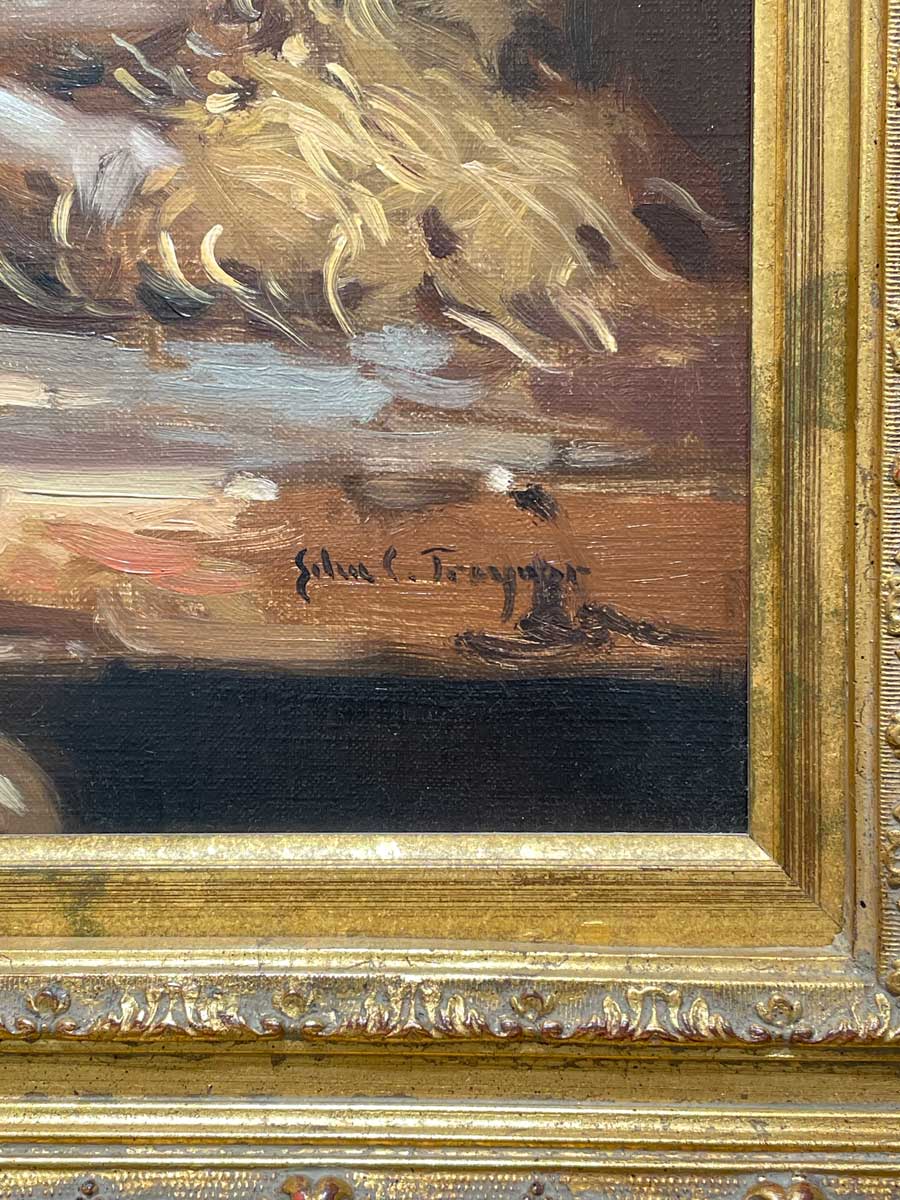 Detailed, close up of artist John Traynor's signature in the hyperrealist painting. 