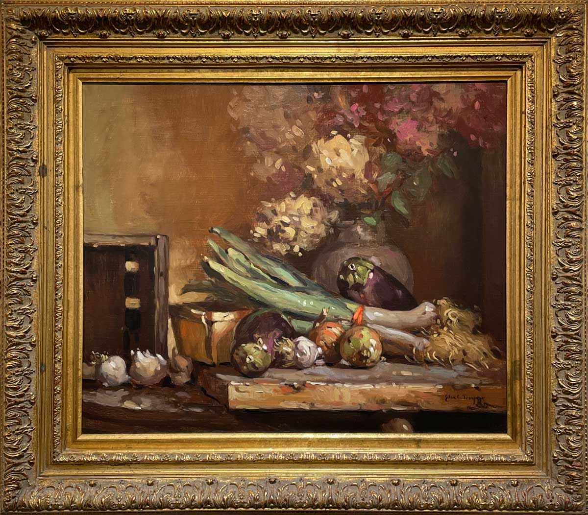 Hyperrealist painting of hydrangeas and vegetables on the table in a gold frame.