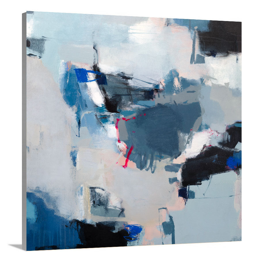 A side view of a blue abstract print by Kelly Rossetti on canvas.