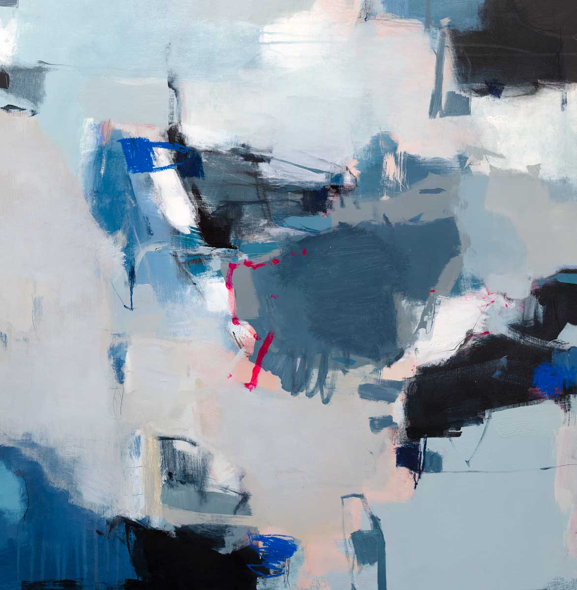 A blue abstract print with black, grey and pink accents by Kelly Rossetti.