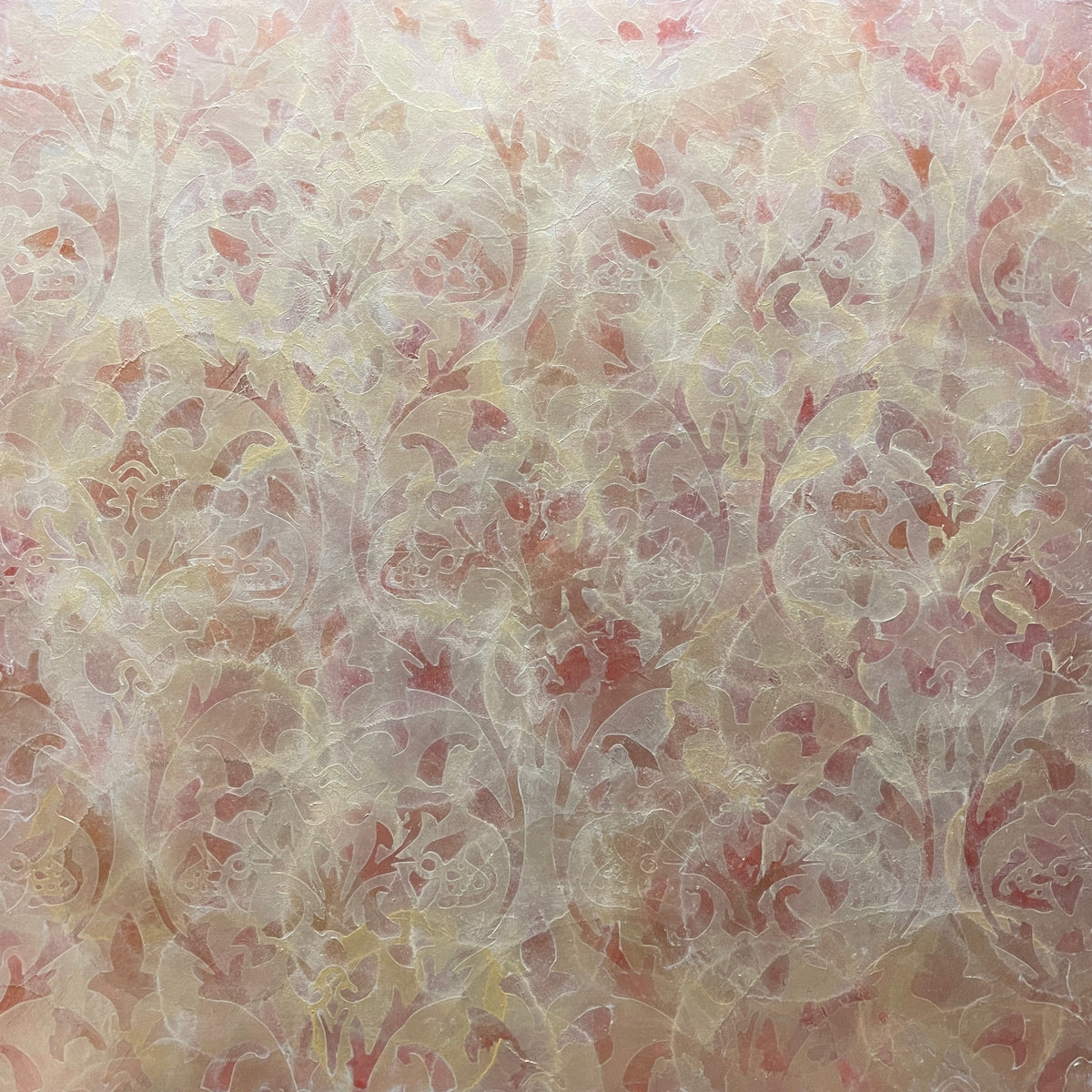 A coral, beige and gold-leaf abstract painting by Roger Mudre.
