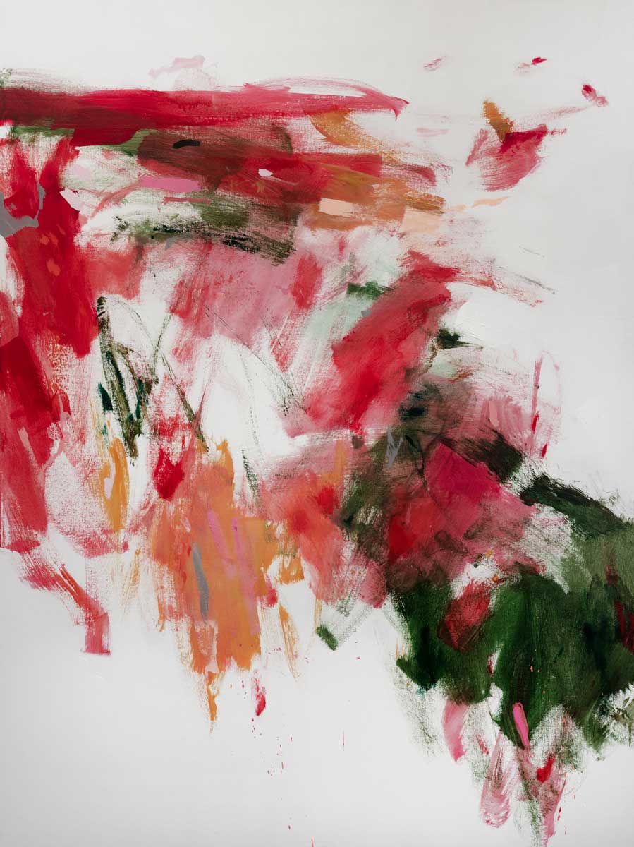 A red, green and white abstract print by Kelly Rossetti with peach accents.