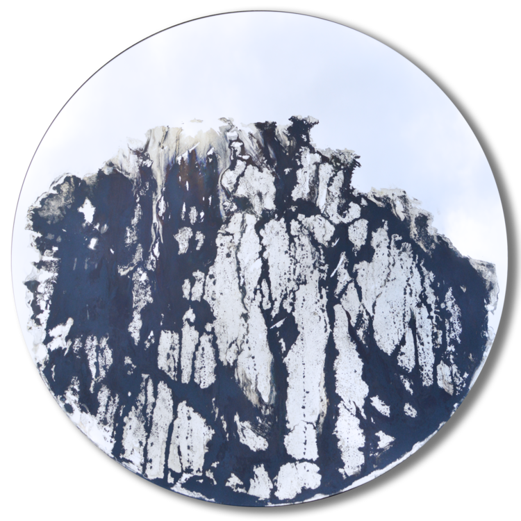 Circular mirror with abstract, mixed media painting covering a majority of the surface. Painting has blue and silver tones.