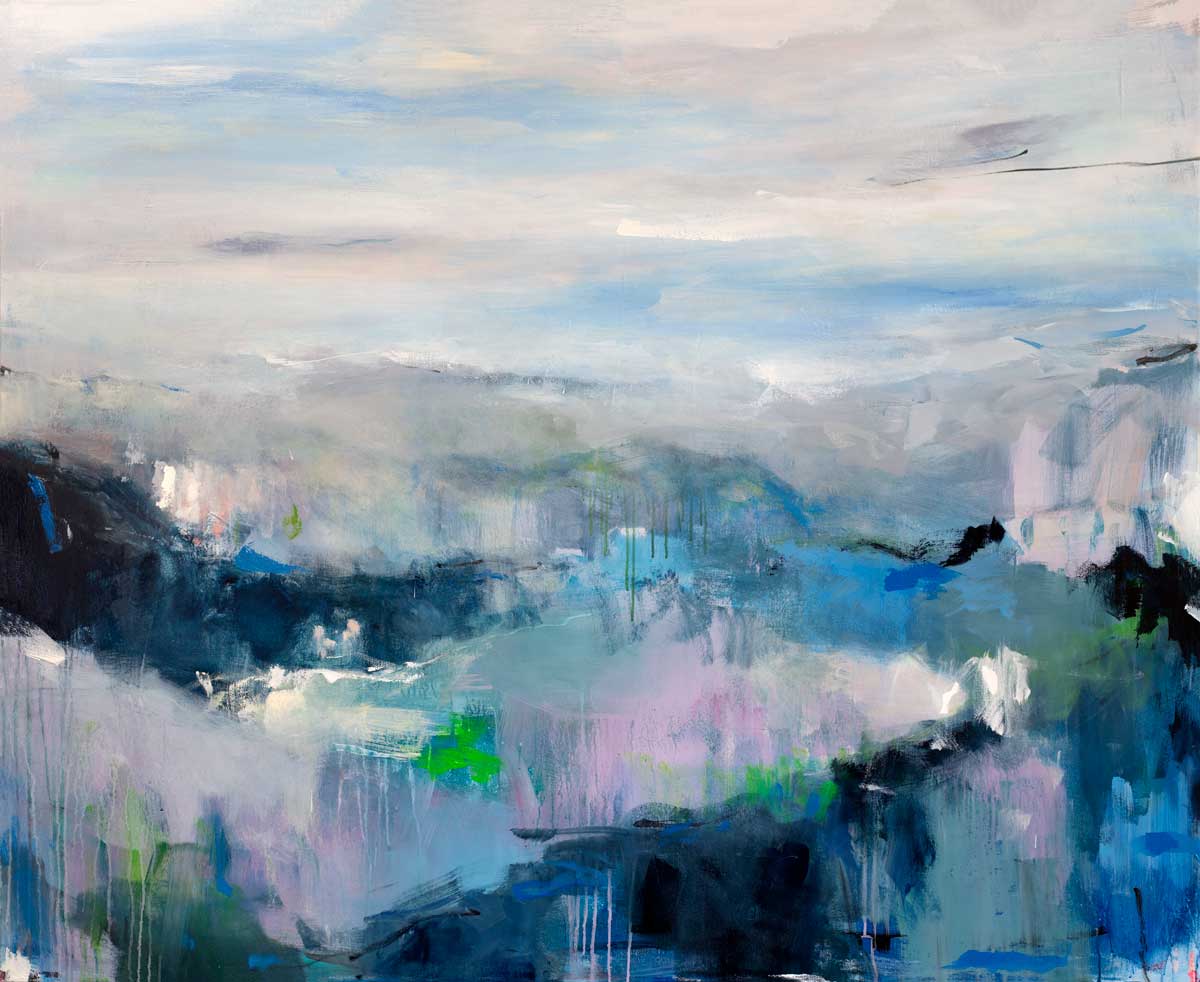 A blue abstract landscape print by Kelly Rossetti.