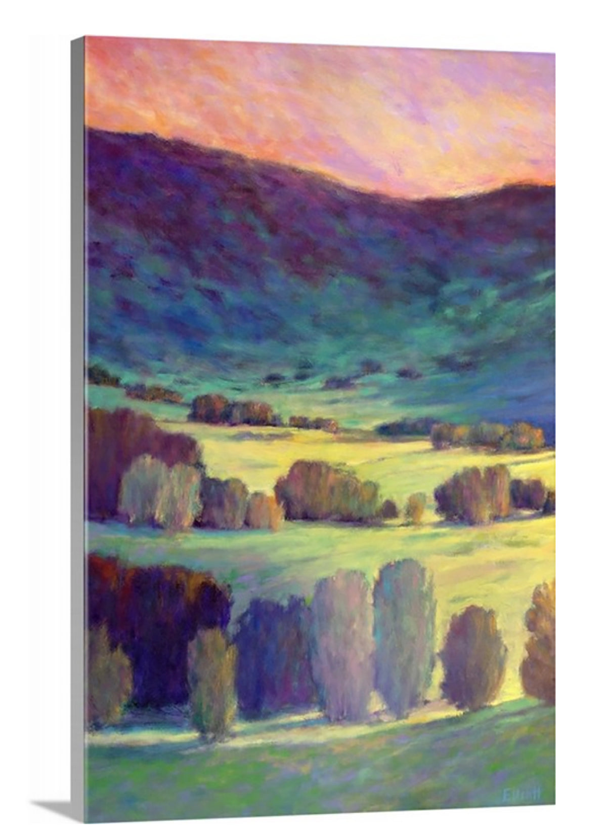 A side-angle view of a pink, blue and green landscape by Ken Elliott on canvas.