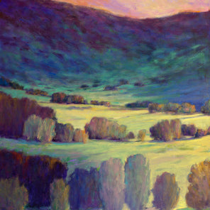 A painted scene of a lush green landscape with the warm sun coming from the right of the canvas. 