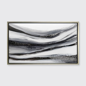 A black, white and grey abstract print in a silver floater frame hangs on a white wall.