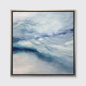 A blue, white, teal and light purple abstract print in a silver floater frame hangs on a white wall.