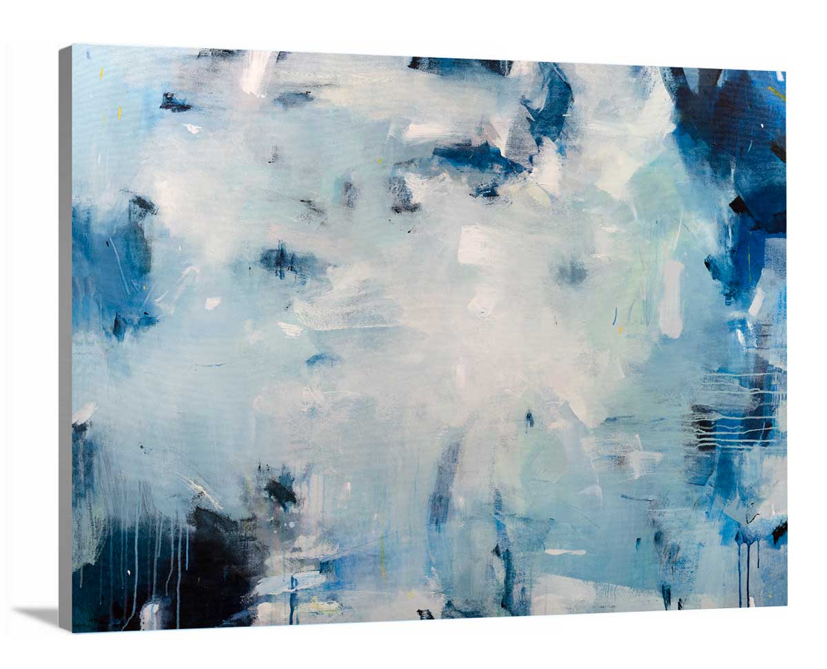 A side-angle view of a blue and white abstract print by Kelly Rossetti on canvas.